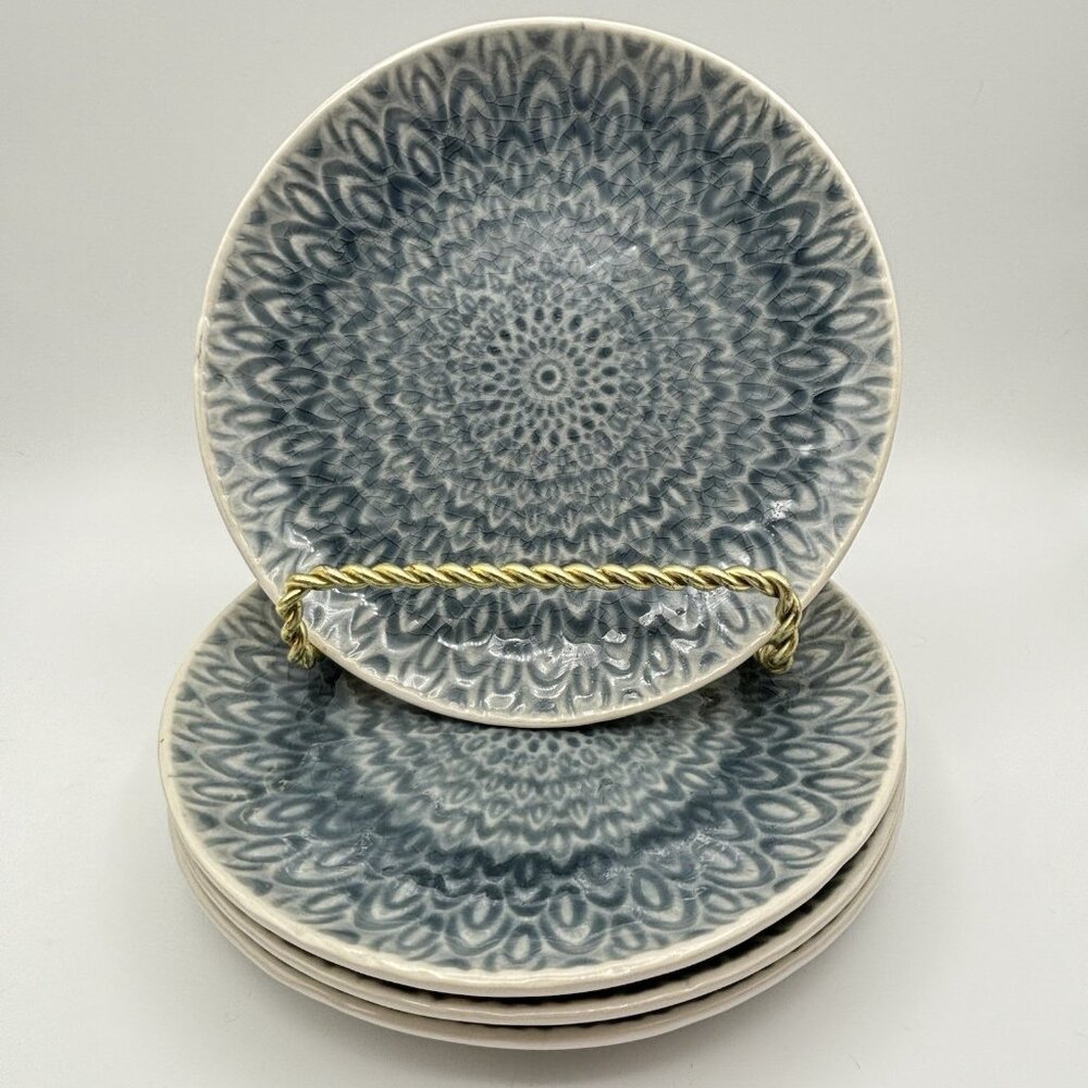 Euro Ceramica Peacock Crackle Pattern Salad Dessert Plate Periwinkle Blue 4 Set